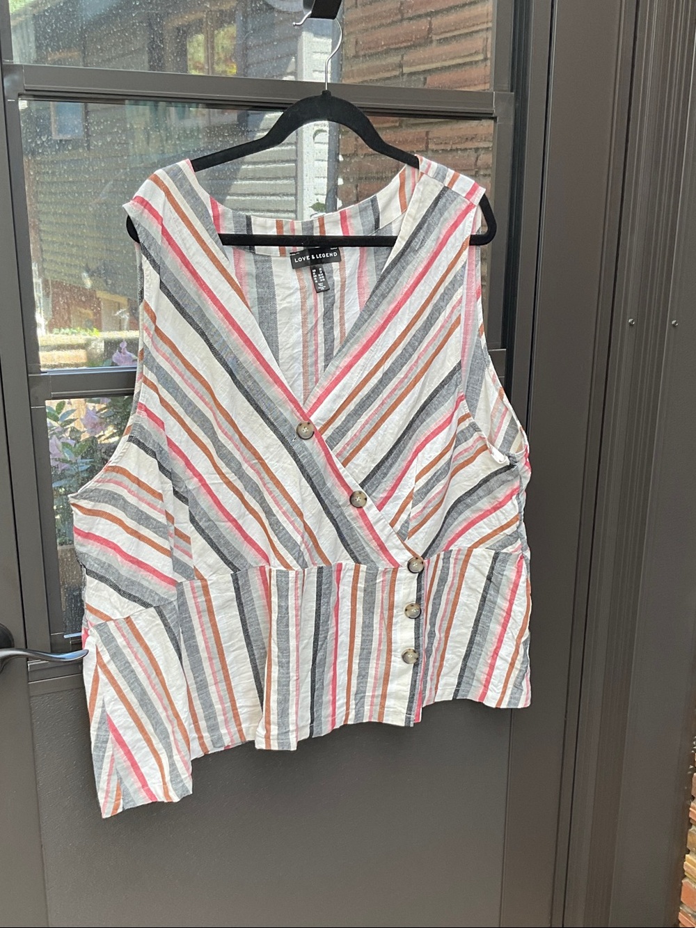 Love & Legend Striped Sleeveless Wrap Top in White, Gray, Coral and Tan